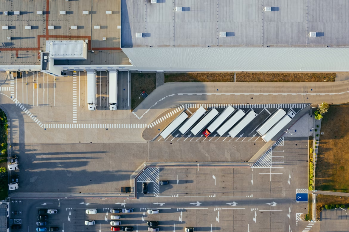Aerial view of a logistics distribution centre with loading bays